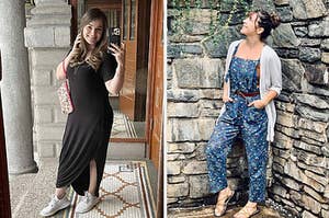 on left: reviewer wearing short sleeve black t-shirt midi dress, on right; reviewer wearing dark blue floral print overalls
