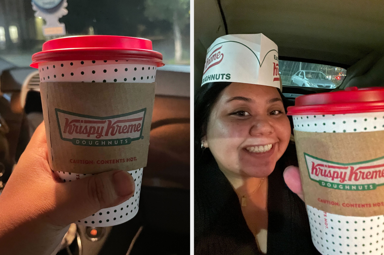 The author is holding up her Krispy Kreme coffee