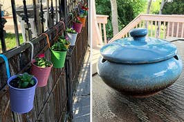 L: a reviewer photo of hanging flower pots on a fence, R: a reviewer photo of a ceramic ash tray with a lid