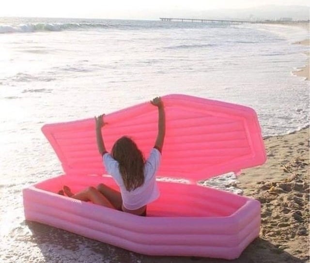 A pink floatie coffin