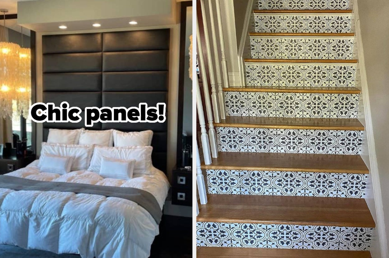 black wall panels as a headboard; staircase with peel and stick decals on the stairs