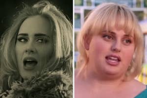 On the left, Adele singing in the Hello music video, and on the right, Rebel Wilson as Fat Amy in Pitch Perfect