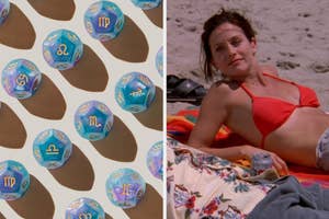 On the left, cubes with zodiac symbols on them, and on the right, Monica from Friends relaxing on the sand