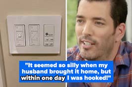 fan timer switch on wall with drew scott from property brothers looking at it.