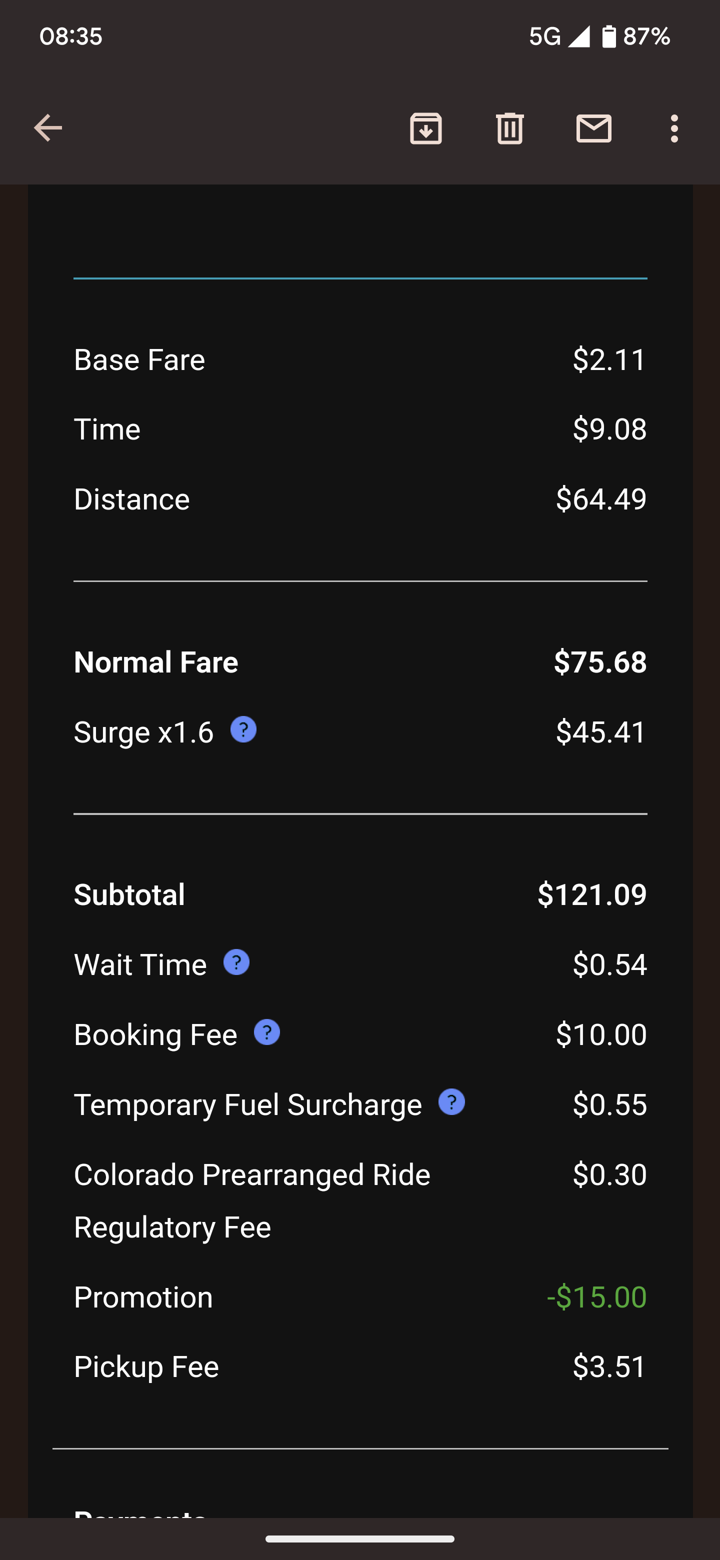 The receipt says the normal fare came out to $75, but there was a $45 surging fee and $10 booking fee, bringing the total to $120