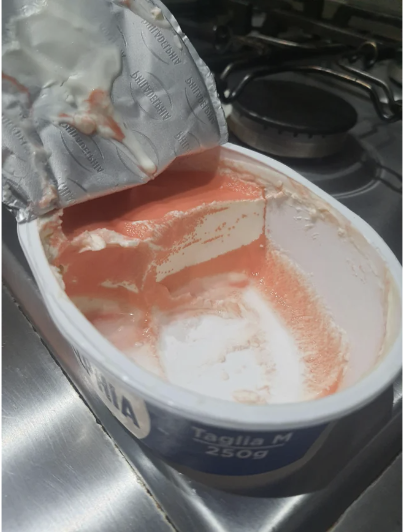 Pink goo in some cream cheese
