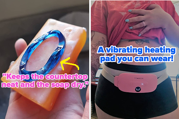 a bar of soap with a soap grip on it and text that reads "keeps the countertop neat and the soap dry"; a reviewer wearing a pink vibrating heating pad across their torso