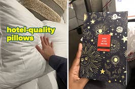 hand pressing onto a plush bed pillow, celestial print journal