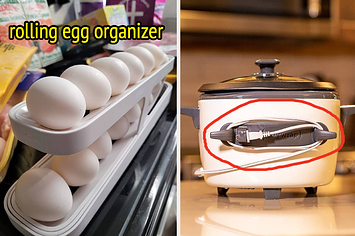 tilted egg organizer in fridge, slow cooker cord wrapped around a stick on cord wrap organizer