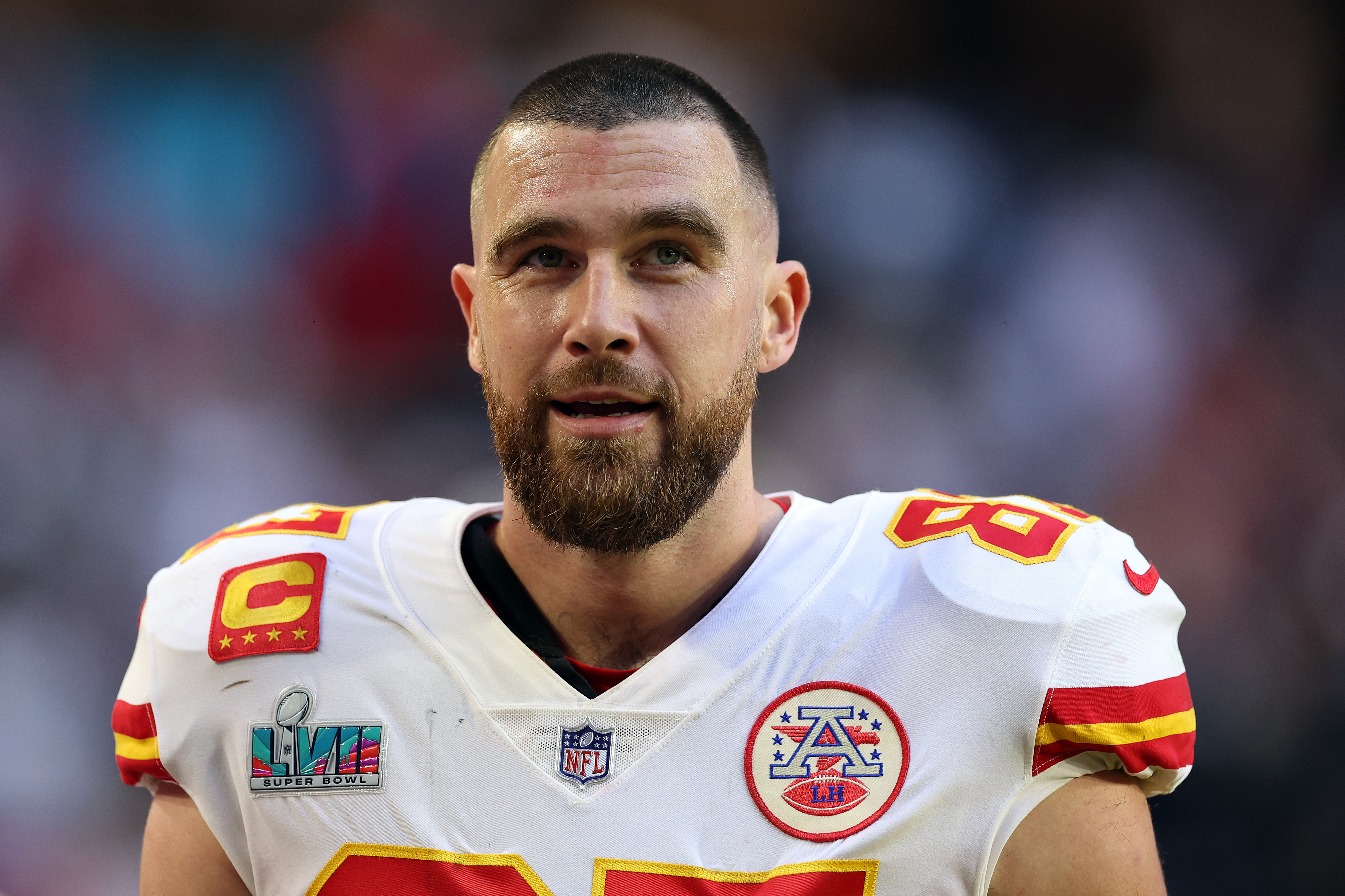 Close-up of Travis in his football uniform