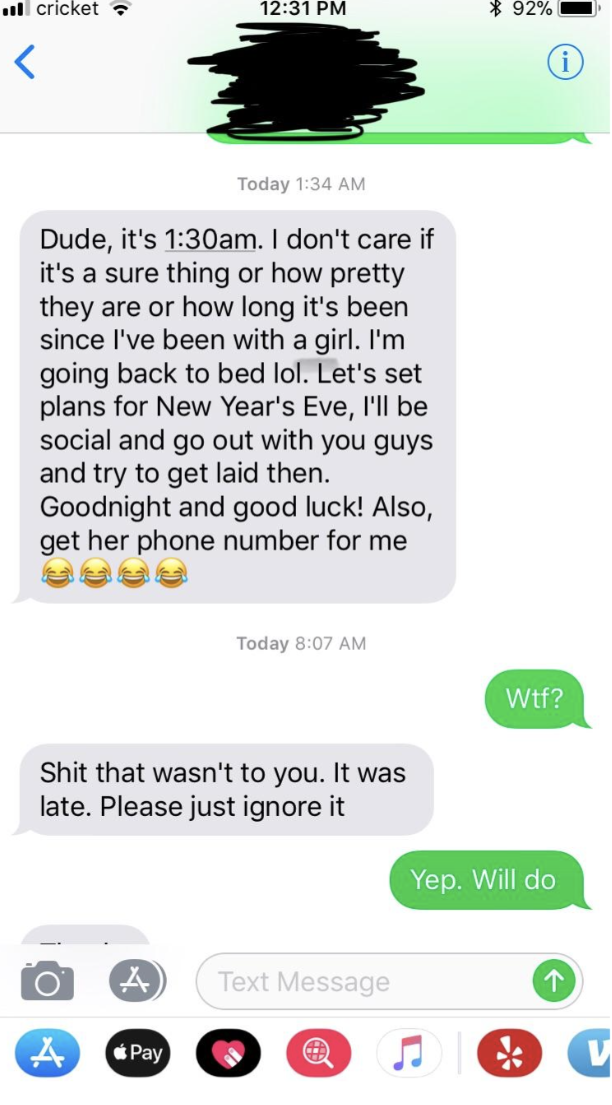 long message about rejecting a girl and going back to bed being played off as a wrong person text