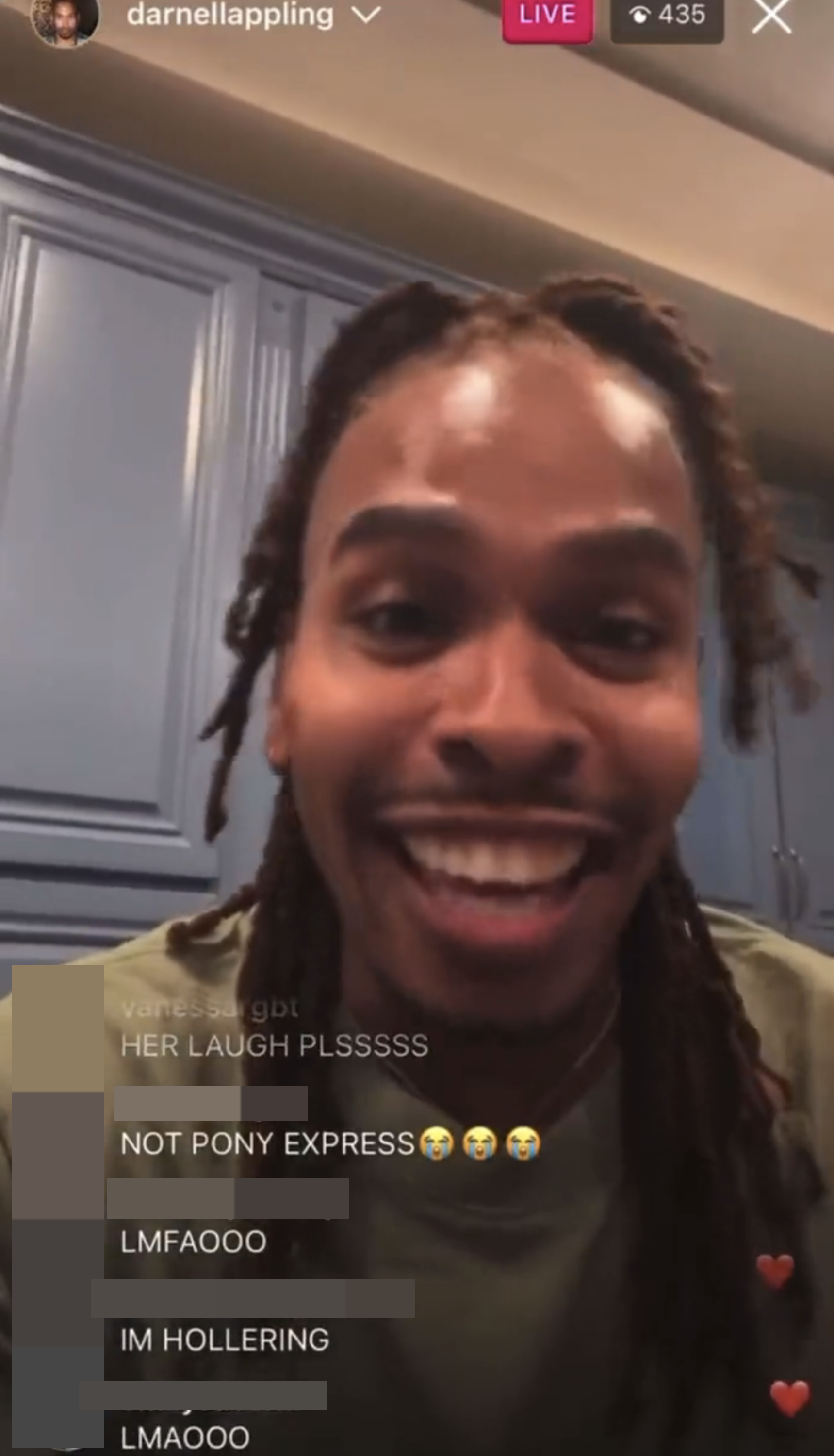 A screenshot of Darnell on Instagram live with people&#x27;s comments laughing