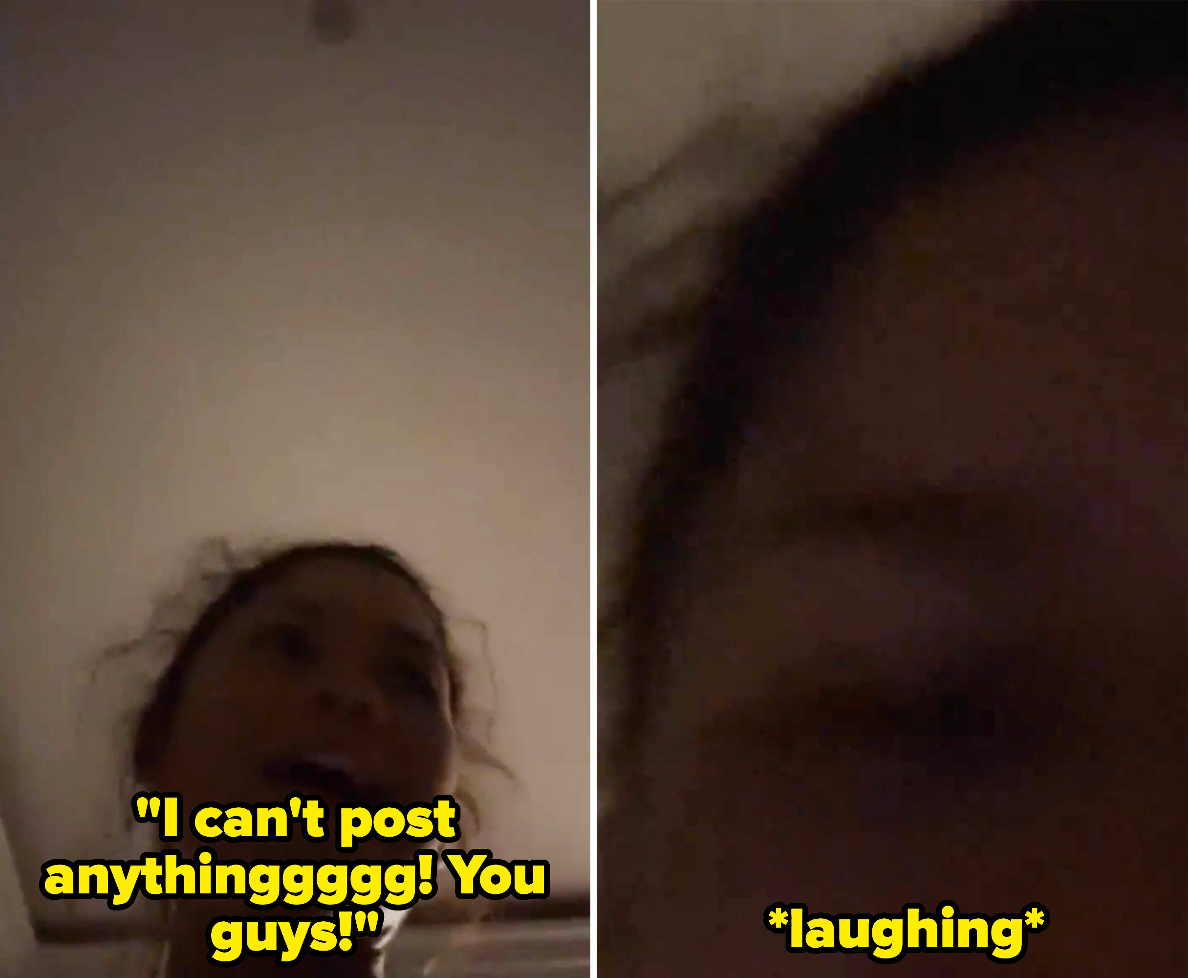 Zendaya in a dark room saying, &quot;I can&#x27;t post post anything&quot; and laughing