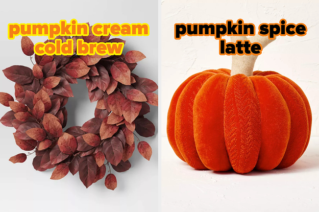 On the left, a leaf wreath labeled Pumpkin Cream Cold Brew, and on the right, a pumpkin shaped pillow labeled pumpkin spice latte