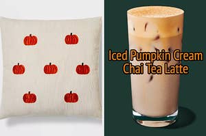 On the left, a pillow covered in pumpkins, and on the right, an Iced Pumpkin Cream Chai Tea Latte