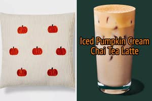 On the left, a pillow covered in pumpkins, and on the right, an Iced Pumpkin Cream Chai Tea Latte