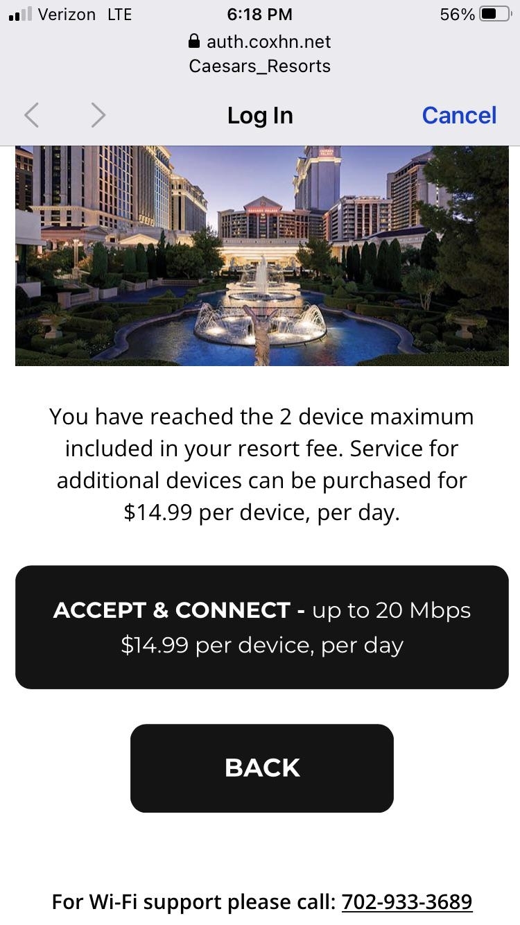 A message that says the customer has reached the two-device maximum covered by the resort fee, and they can pay $15 per device per day for any other device to have Wi-Fi