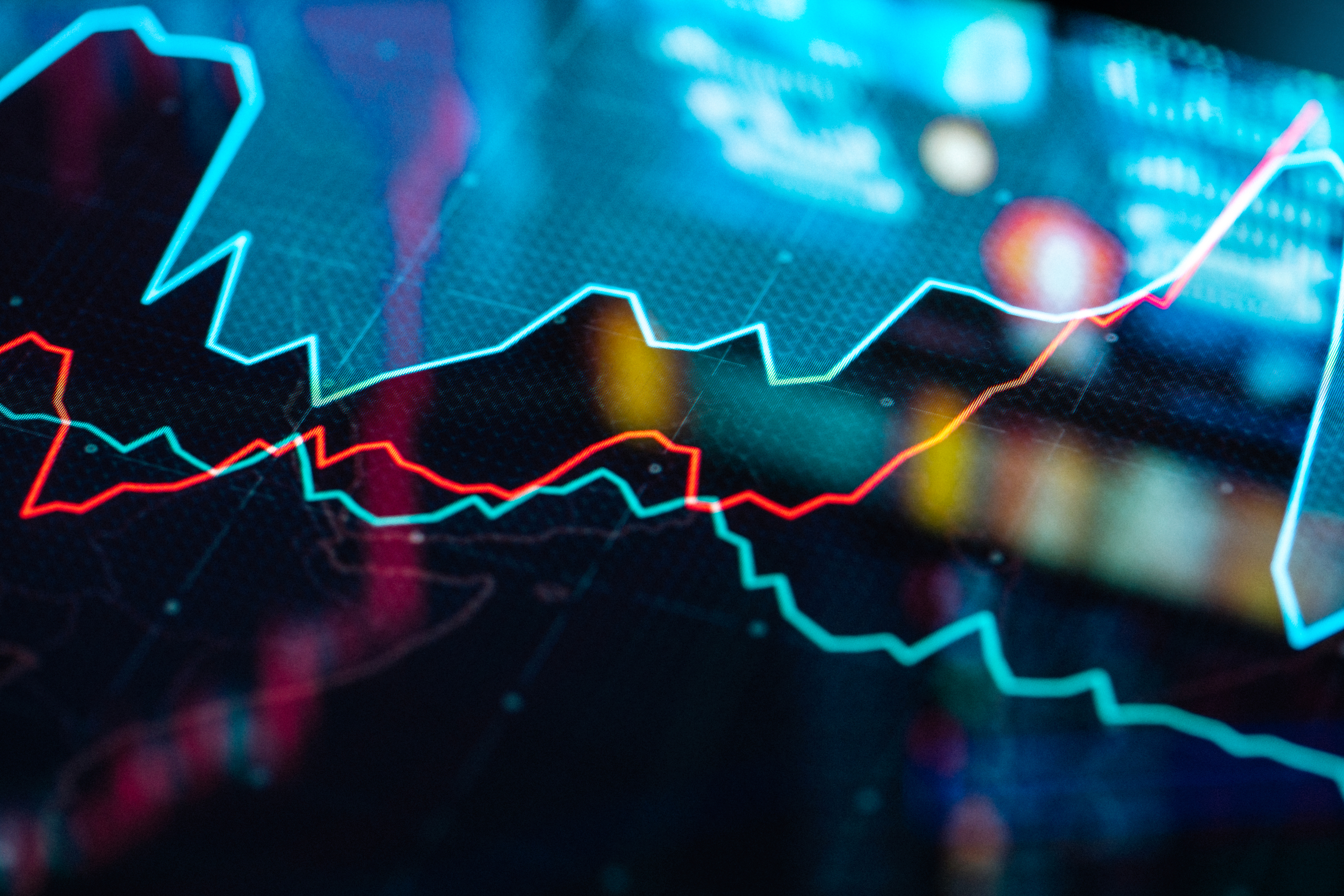 Trading technique, charts and graph data on LCD close-up