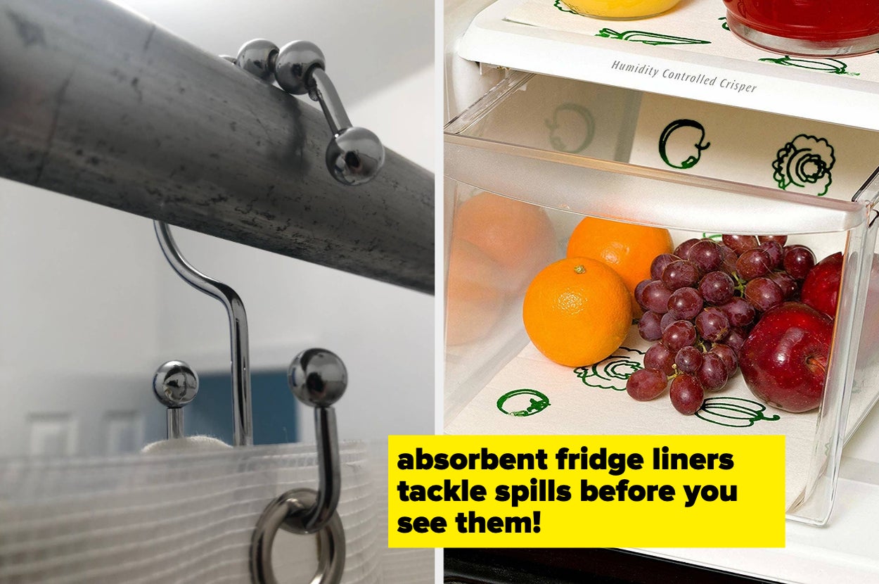 close-up of double hook shower curtain hook and fridge liners being used in produce drawer