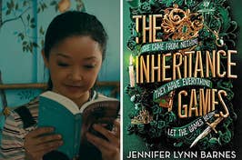 Lana Condor reading and the cover of "The Inheritance Games" book.