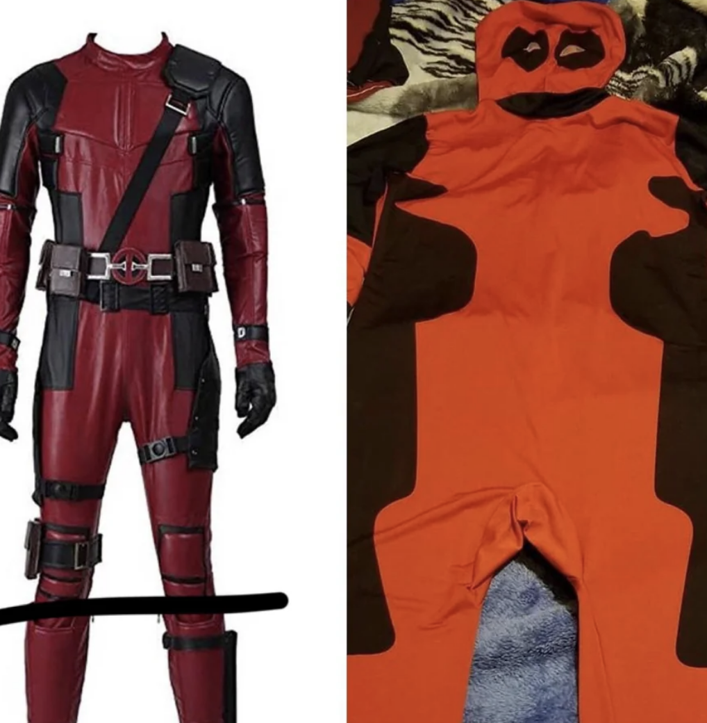 The character&#x27;s costume as it appeared in the ad, next to the one the person actually received, which looks like a poorly homemade one