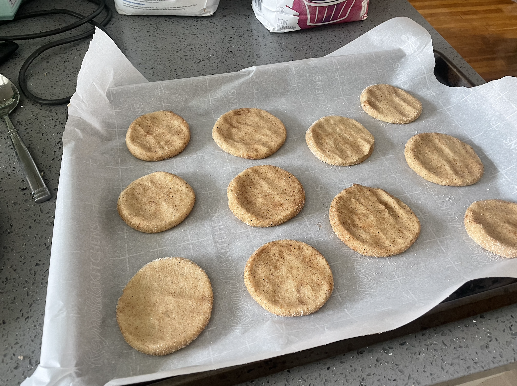 a cookie sheet of flattened cookies, ready to bake