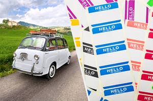 Split frame of vintage van on a road and a roll of "hello my name is" stickers