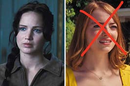 On the left, Jennifer Lawrence as Katniss in The Hunger Games, and on the right, Emma Stone as Mia in La La Land with an x drawn over her face