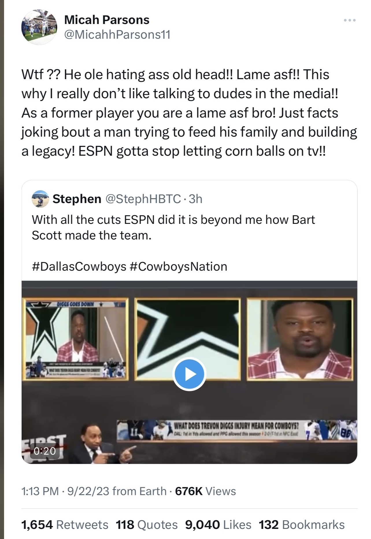 Cowboys' Trevon Diggs to ESPN Analyst: 'Watch Your Mouth'