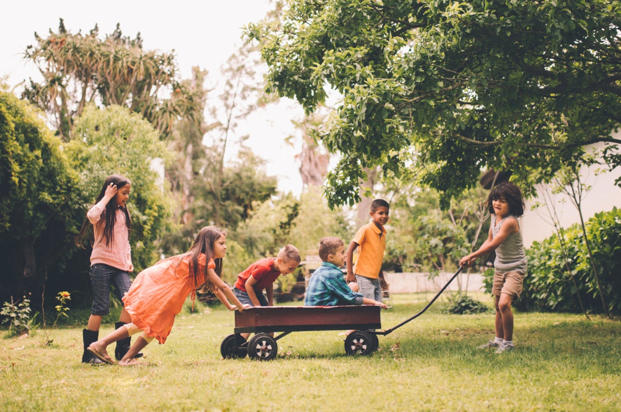 a group of kids paying in a backyard