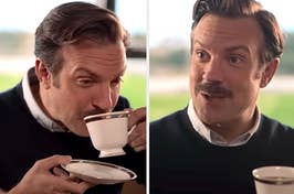 a scene from ted lasso of ted drinking tea