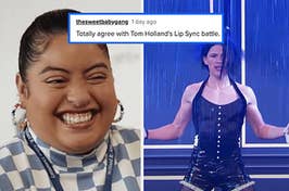 woman laughing on the left and tom holland performing on the right with caption "totally agree with Tom Holland's Lip Sync Battle