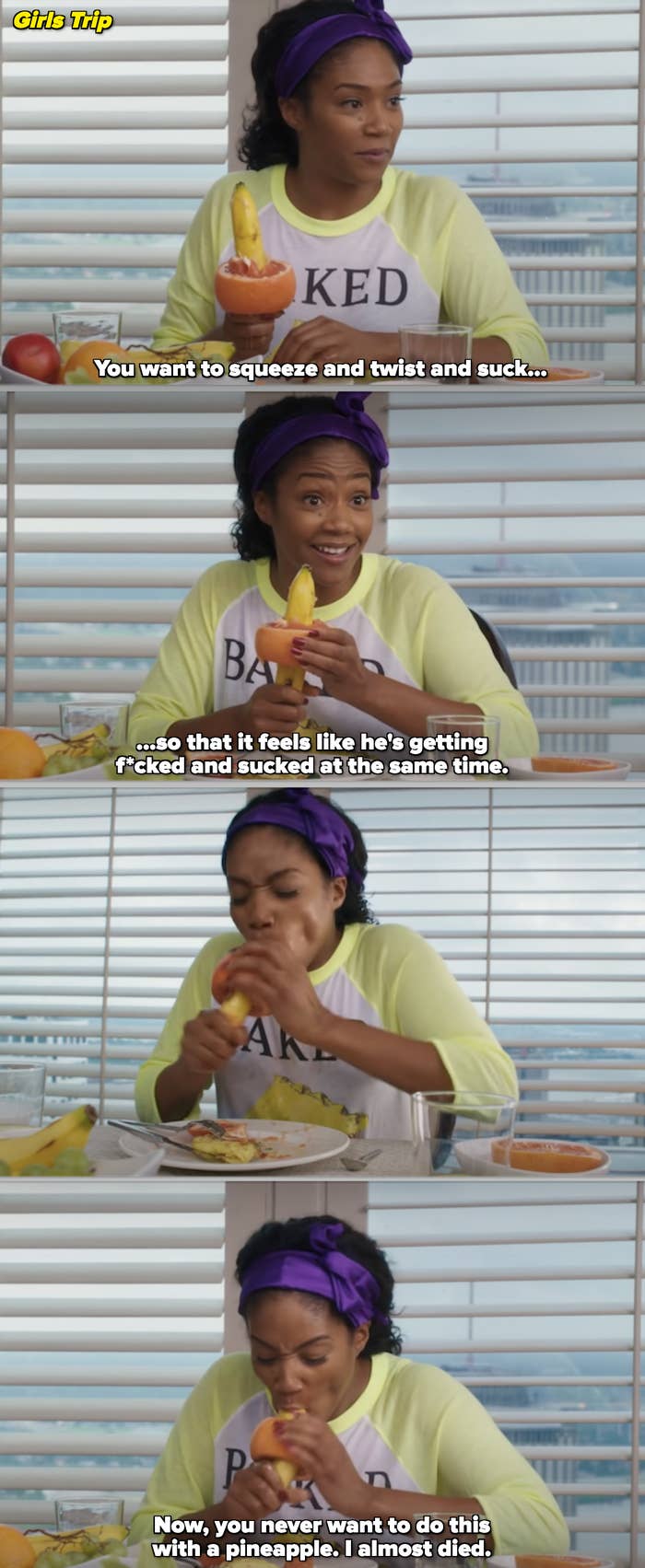 Tiffany Haddish pretending to give a blowjob with a banana and grape fruit in "Girls Trip"