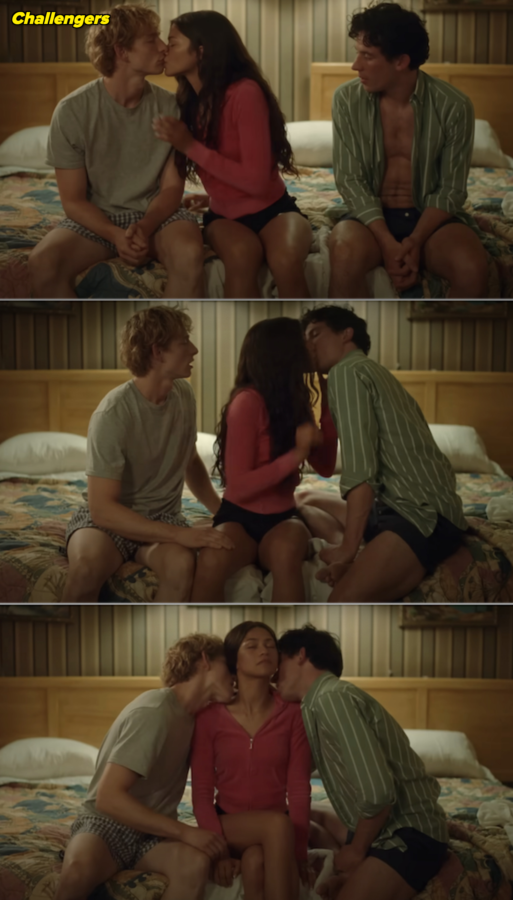 Zendaya, Mike Faist, and Josh O&#x27;Connor kissing on the bed in &quot;Challengers&quot;