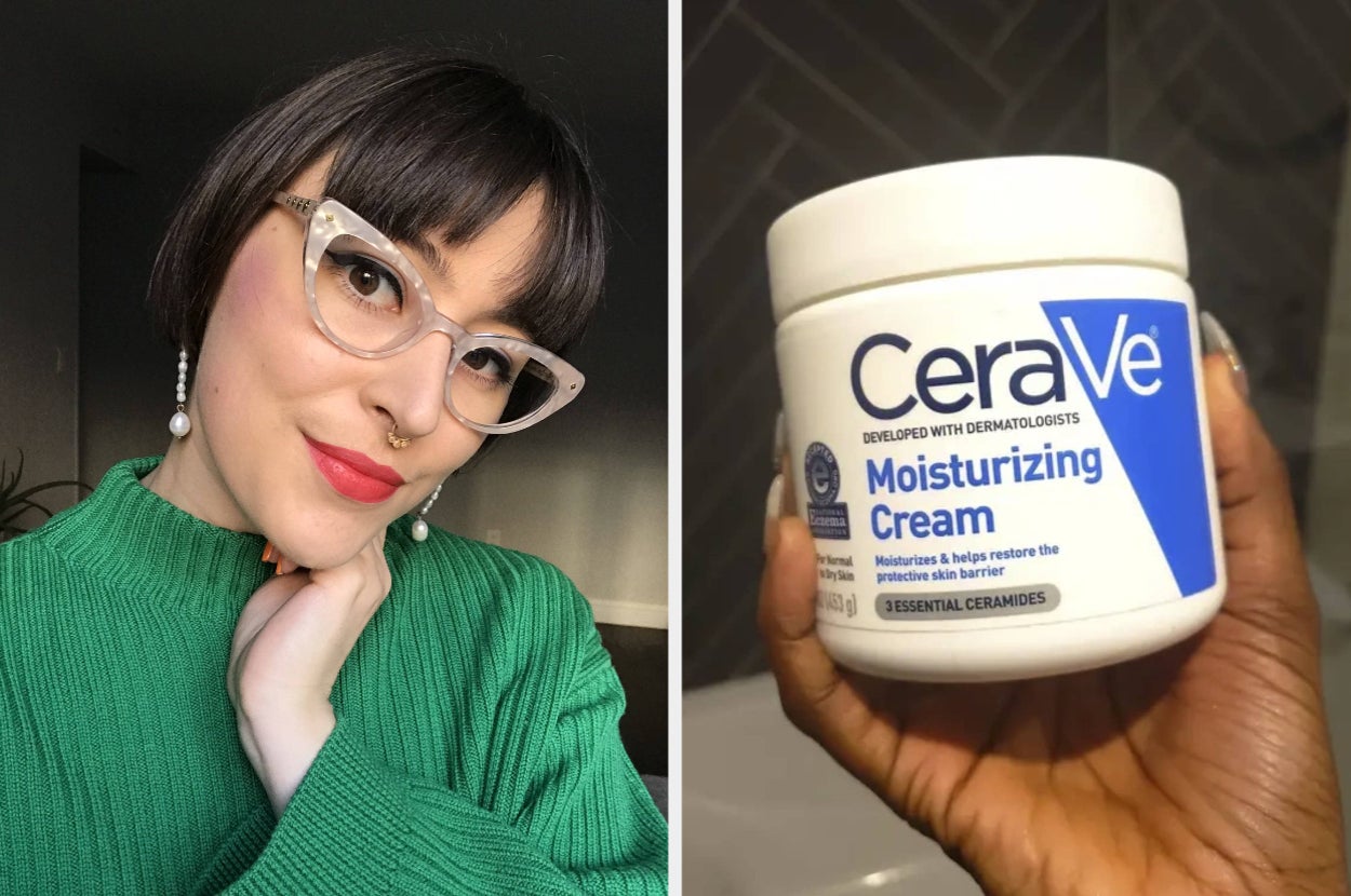 on the left benefit lip and cheek tint, on the right a tub of cerave moisturizer
