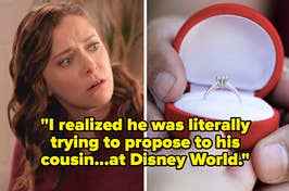 ring and worried reaction captioned "I realized he was literally trying to propose to his cousin...at Disney World"