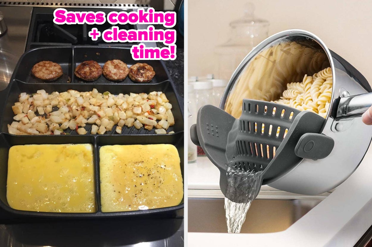 divided nonstick skillet with food in each section and strainer attached to pot pouring out water