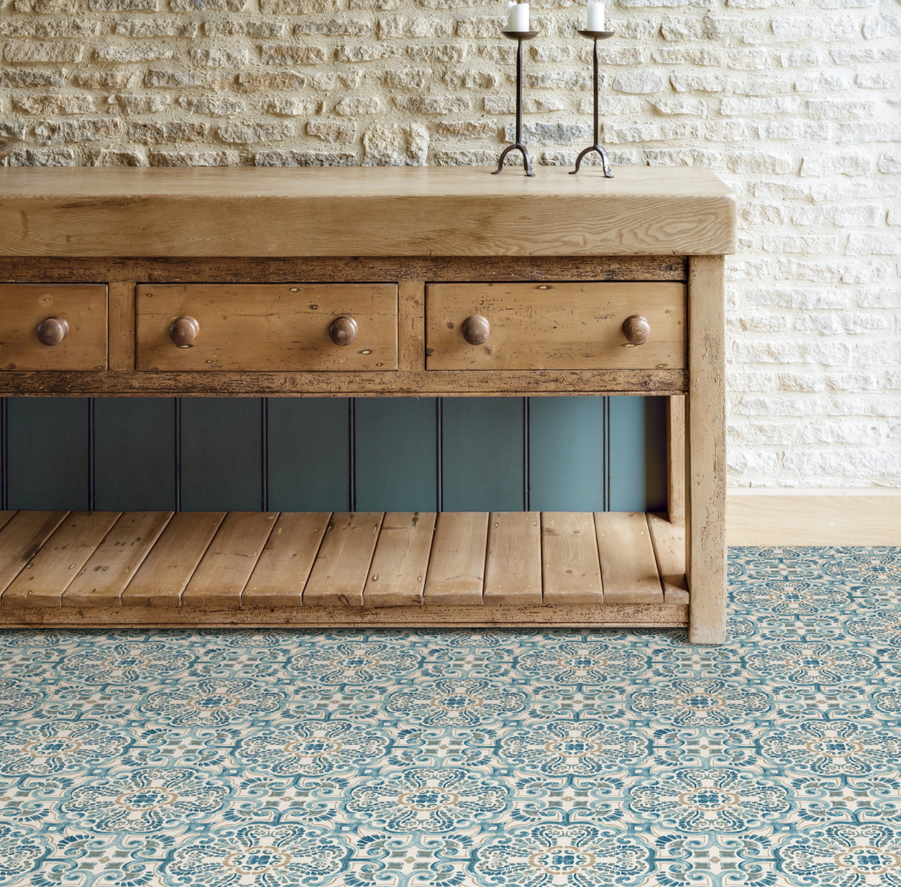 Blue, tan, and white, Moroccan inspired peel-and-stick floor tiles