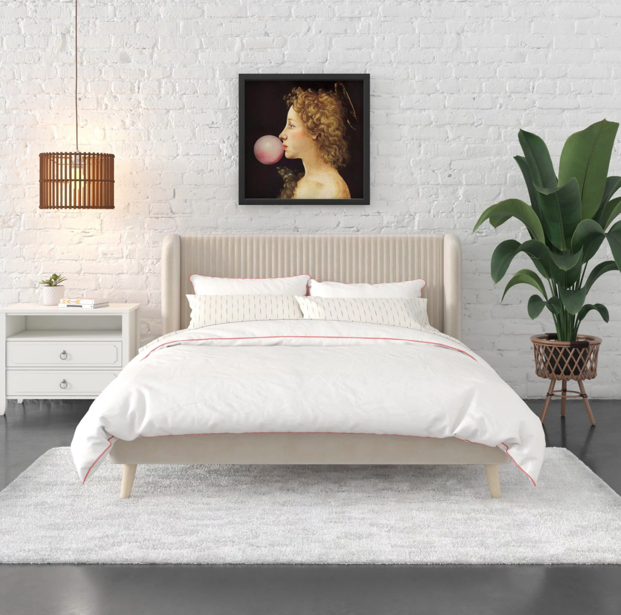 Velvet upholstered wingback bed frame in ivory