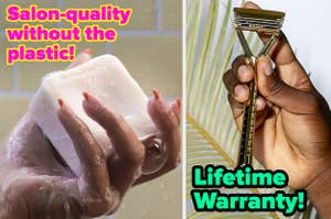 L: a model holding a shampoo bar and tetx reading "Salon-quality without the plastic!", R: a model holding a gold-tone razor and text reading "lifetime warranty!"