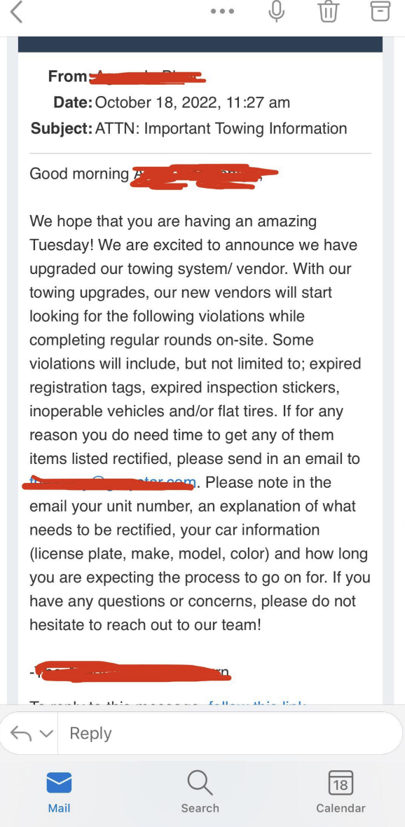 email that they&#x27;re excited to announce a towing company will be looking for expired tags and more to tow cars out