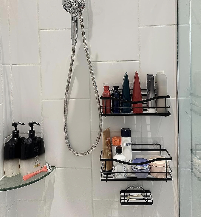 shower shelves in a shower