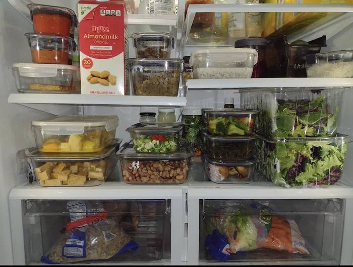 food storage containers in a refrigerator