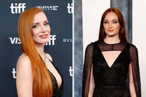 jessica chastain and sophie turner with red hair on the red carpet