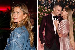 gisele bundchen in a jean jacket and with tom brady at the met gala in pink outfits