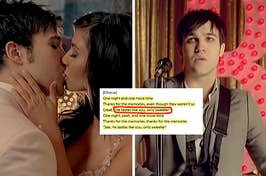 stills from the Thnks fr th Mmrs music video show pete wentz kissing kim k with lyrics on screen He tastes like you, only sweeter is highlighted