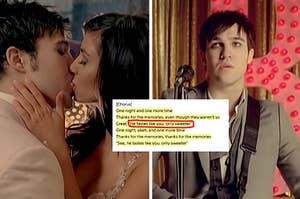 stills from the Thnks fr th Mmrs music video show pete wentz kissing kim k with lyrics on screen He tastes like you, only sweeter is highlighted