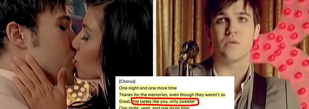 stills from the Thnks fr th Mmrs music video show pete wentz kissing kim k with lyrics on screen He tastes like you, only sweeter is highlighted