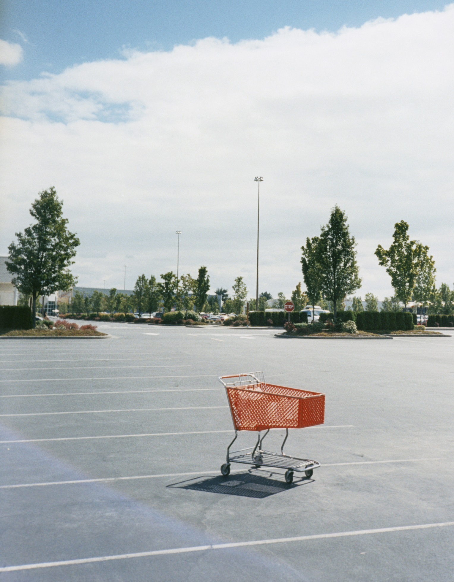 A shopping cart in a parking lot