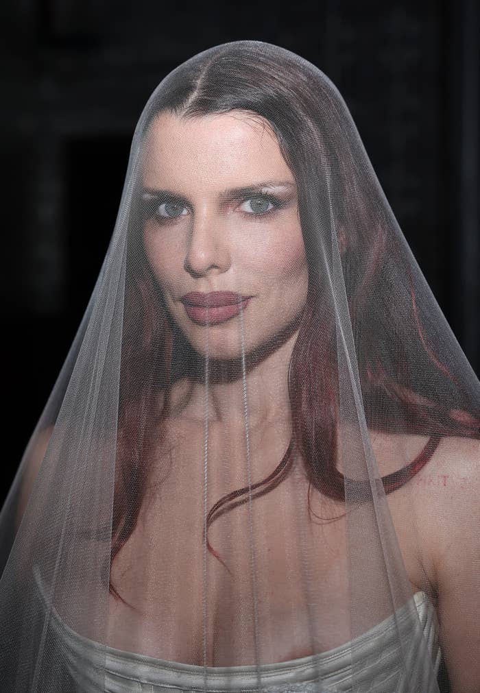 Closeup of Julia Fox wearing a veil